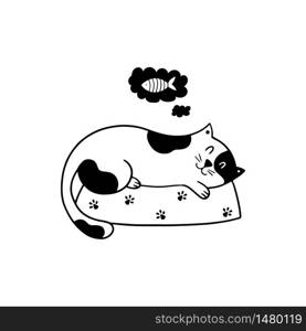 Good night poster with a doodle kitten. Cute cat sleeping on his bed. Hand-drawn vector illustration on a white background.