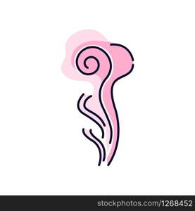 Good odor pink RGB color icon. Perfume scent swirl. Flavored fume smell. Aroma air wave, fume. Smoke puff, steam curl, evaporation. Aromatic fragrance flow. Isolated vector illustration