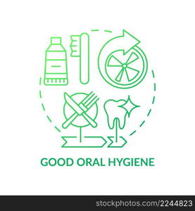 Good oral hygiene green gradient concept icon. Taking care of veneers abstract idea thin line illustration. Removing food and plaque. Isolated outline drawing. Myriad Pro-Bold font used. Good oral hygiene green gradient concept icon