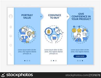 Good pricing strategy characteristics blue and white onboarding template. Responsive mobile website with linear concept icons. Web page walkthrough 3 step screens. Lato-Bold, Regular fonts used. Good pricing strategy characteristics blue and white onboarding template