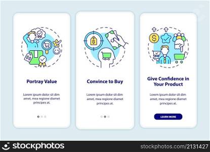 Good pricing strategy characteristics onboarding mobile app screen. Walkthrough 3 steps graphic instructions pages with linear concepts. UI, UX, GUI template. Myriad Pro-Bold, Regular fonts used. Good pricing strategy characteristics onboarding mobile app screen