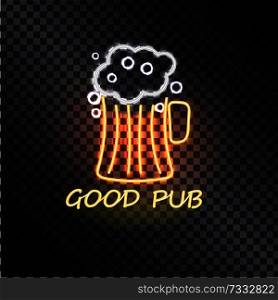 Good pub, cute glowing signboard with beer glass, orange stripes and handle, yellow text s&le, white foam, vector illustration with black backdrop. Good Pub, Cute Glowing Signboard with Beer Glass