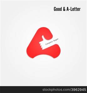 Good sign and A- letter icon abstract logo design.Hand symbol and A- letter alphabet vector design.Business and education creative logotype symbol.Vector illustration