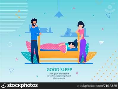 Good Sleep Happy Parenting Childhood Banner Family Conceptual Template Smiling Father Mother near Adorable Daughter Sleeping in Bed at Night Vector Landing Page Home Design Motivational Illustration. Good Sleep Banner Happy Family Conceptual Template