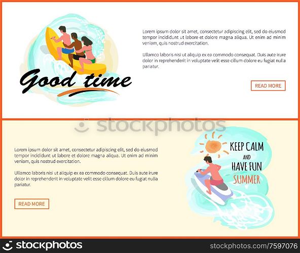 Good time vector, man and woman riding banana boat on waves of sea. Jet ski rider, male sitting on transport, motor. Website summer vacation summertime. Water Fun and Good Time Banana Boat Ride Website