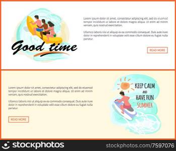 Good time vector, man and woman riding banana boat on waves of sea. Jet ski rider, male sitting on transport, motor. Website summer vacation summertime. Water Fun and Good Time Banana Boat Ride Website