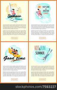 Good time vector, summer fun and adventures, woman windsurfing, male riding jet ski. People sitting in banana boat, scuba diving hobby of person, web. Good Time Summer Adventures, Seaside Website Set