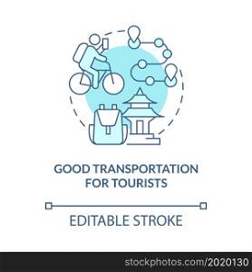 Good transportation for tourists blue concept icon. Bike sharing benefit abstract idea thin line illustration. Intra-destination mobility. Vector isolated outline color drawing. Editable stroke. Good transportation for tourists blue concept icon