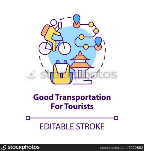 Good transportation for tourists concept icon. Bike sharing benefit abstract idea thin line illustration. Renting bicycle for short trips. Vector isolated outline color drawing. Editable stroke. Good transportation for tourists concept icon