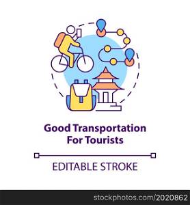 Good transportation for tourists concept icon. Bike sharing benefit abstract idea thin line illustration. Renting bicycle for short trips. Vector isolated outline color drawing. Editable stroke. Good transportation for tourists concept icon