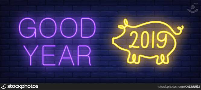 Good year neon text with pig. New Year day and Christmas design. Night bright neon sign, colorful billboard, light banner. Vector illustration in neon style.