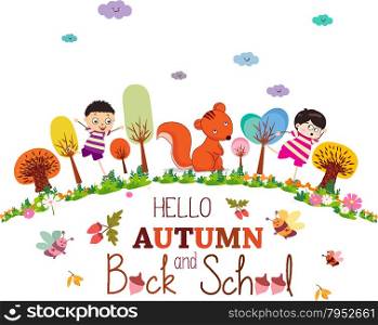Goodbye summer. enjoy autumn happy smiling girls and boys ground round background