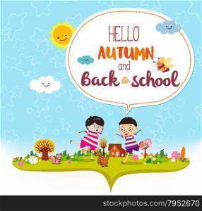 Goodbye summer. Hello autumn funny and happy smiling kids