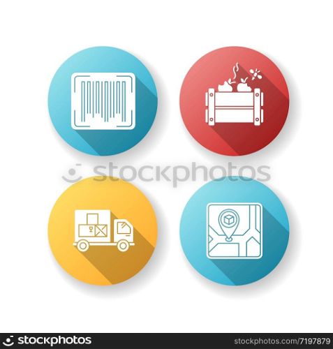 Goods availability and quality control flat design long shadow glyph icons set. Storage place, goods spoilage and receipt. Product barcode identification. Silhouette RGB color illustration