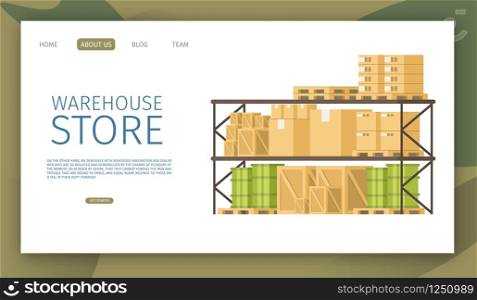 Goods, Cargo and Weight Load on Shelf in Warehouse. Storage Freight, Green Barrel on Pallet, Wooden and Cardboard Box with Barcode Standing on Tray. Flat Cartoon Vector Illustration. Goods, Cargo and Weight Load on Shelf in Warehouse