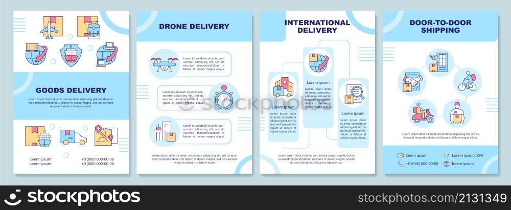 Goods delivery brochure template. Drop shipping. Booklet print design with linear icons. Vector layouts for presentation, annual reports, ads. Arial-Black, Myriad Pro-Regular fonts used. Goods delivery brochure template
