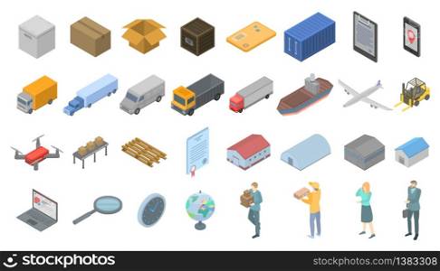 Goods export icons set. Isometric set of goods export vector icons for web design isolated on white background. Goods export icons set, isometric style