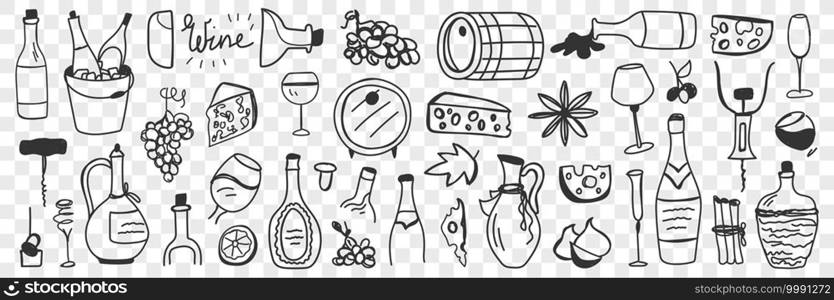 Goods for wine making doodle set. Collection of hand drawn barrels grapes jugs bottles glasses cheese bungs corkscrew bottles for wine producing and tasting isolated on transparent background. Goods for wine making doodle set