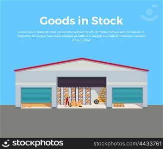 Goods in stock banner design flat. Warehouse stock with a pile of cardboard boxes and package boxes. Delivery and shipping cargo, logistic to storehouse, merchandise box, vector illustration