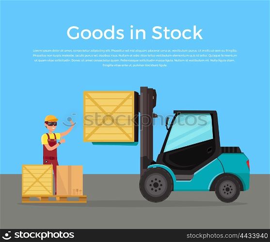Goods in stock banner design flat. Warehouse stock with a pile of cardboard boxes and package boxes. Delivery and shipping cargo, logistic to storehouse, merchandise box, vector illustration