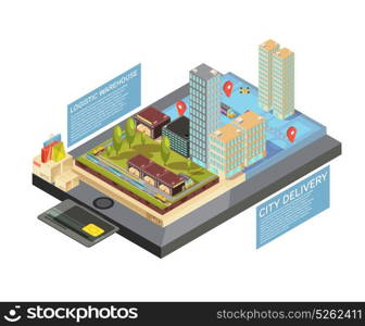 Goods Online City Delivery Isometric Infographics. Isometric infographics with goods online, city delivery from warehouse to destination on mobile device screen vector illustration