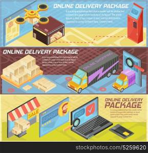 Goods Online Delivery Isometric Banners. Goods online delivery horizontal isometric banners with internet shopping, packages, warehouse, transportation, mobile devices isolated vector illustration