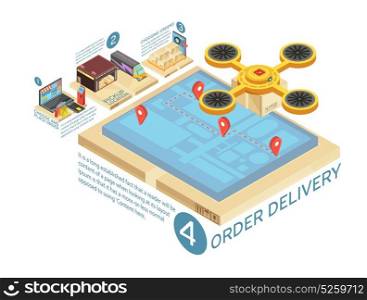 Goods Online Delivery Isometric Infographics. Goods online delivery isometric infographics with internet shopping, warehouse, route transportation on screen of gadget vector illustration