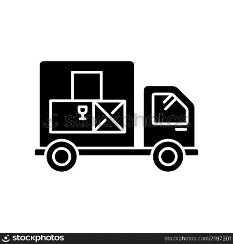 Goods receipt black glyph icon. Logistics, distribution, merchandise delivery service. Cargo transportation, products supply. Silhouette symbol on white space. Vector isolated illustration