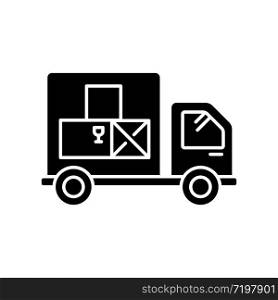 Goods receipt black glyph icon. Logistics, distribution, merchandise delivery service. Cargo transportation, products supply. Silhouette symbol on white space. Vector isolated illustration