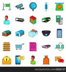 Goods shed icons set. Cartoon set of 25 goods shed vector icons for web isolated on white background. Goods shed icons set, cartoon style