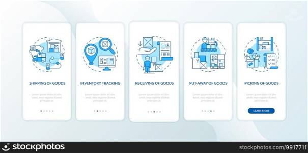 Goods shipping, receiving blue onboarding mobile app page screen with concepts. Put away of goods. Logistic walkthrough 5 steps graphic instructions. UI vector template with RGB color illustrations. Goods shipping, receiving blue onboarding mobile app page screen with concepts