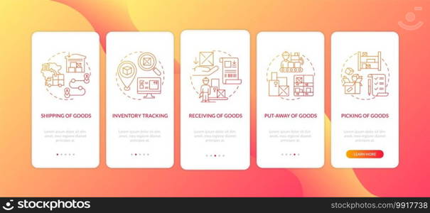 Goods shipping, receiving red onboarding mobile app page screen with concepts. Put away of goods. Logistic walkthrough 5 steps graphic instructions. UI vector template with RGB color illustrations. Goods shipping, receiving red onboarding mobile app page screen with concepts