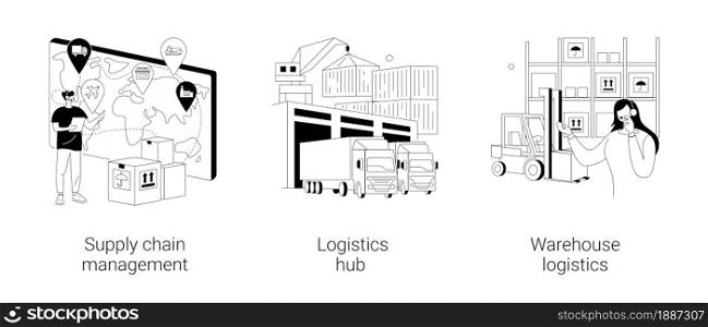 Goods transportation and storage abstract concept vector illustration set. Supply chain management, logistics hub, warehouse logistics, sorting and shipping, package delivery abstract metaphor.. Goods transportation and storage abstract concept vector illustrations.