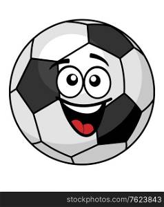 Goofy black and white soccer ball with a big happy toothy smile, cartoon illustration isolated on white
