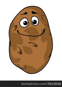 Goofy cartoon farm fresh potato with a silly grin and squinting eyes isolated on white