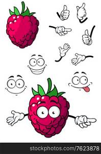 Goofy little cartoon raspberry fruit with a happy smile and green stalk isolated on white
