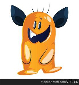 Goofy-looking yellow cartoon monster with big black ears white background vector illustration.