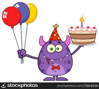Goofy Monster Holding Up A Colorful Balloons And Birthday Cake