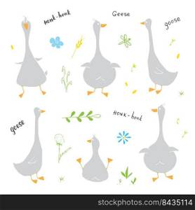 Goose Doodles Set. Cute Geese sketch. Hand drawn Cartoon Vector illustration on white background .. Goose Doodles Set. Cute Geese sketch. Hand drawn Cartoon Vector illustration on white background