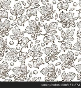 Gooseberry plant seamless pattern. Branch with ripe berries and leaves, organic ingredient for detoxing or dieting. Seasonal sweet product, harvesting. Monochrome sketch outline, vector in flat style. Ripe and growing gooseberry branches with leaves seamless pattern