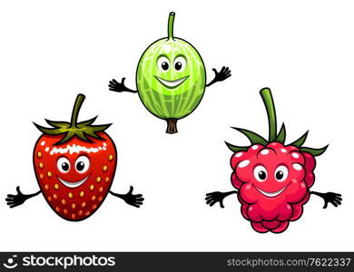 Gooseberry, raspberry and strawberry berries in cartoon style