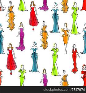 Gorgeous fashionable women in formal wear seamless pattern background with colorful long silk sleeveless and one shoulder evening gowns and cocktail dresses. Great for fashion industry design usage . Women in formal wear seamless pattern background