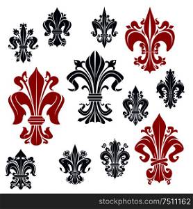 Gorgeous fleur-de-lis red and blue symbols of decorative french monarchy lily flowers, adorned by curly tendrils. Ornamental medieval royal symbols for heraldry, accessories and tattoo design. French monarchy fleur-de-lis red and blue lilies