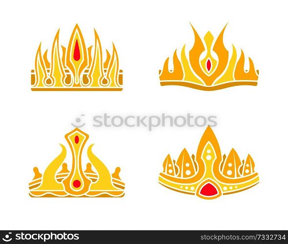 Gorgeous gold crowns in authentic gothic style set. Crown inlaid with precious ruby stone. Monarch headdress of gold isolated vector illustrations.. Gorgeous Gold Crowns in Authentic Gothic Style Set