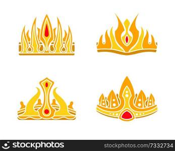 Gorgeous gold crowns in authentic gothic style set. Crown inlaid with precious ruby stone. Monarch headdress of gold isolated vector illustrations.. Gorgeous Gold Crowns in Authentic Gothic Style Set