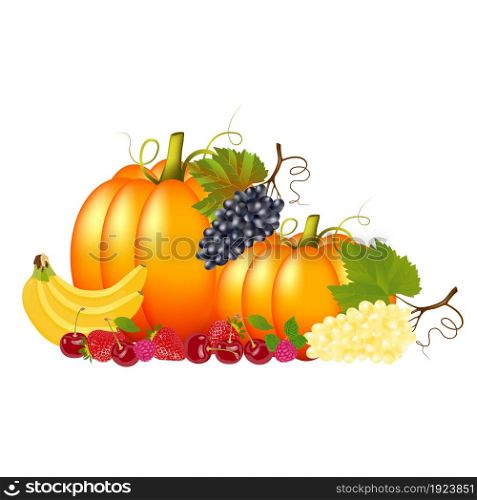 Gorgeous ripe, tasty vegetables, fruits and berries on a white background. Abstract illustration, poster or background with bright and colorful fruits. Harvesting concept.. Gorgeous ripe, tasty vegetables, fruits, berries