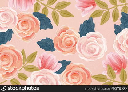 Gorgeous rose pattern illustrated in cute watercolor hand-drawn style on light salmon pink background. Trendy seamless floral background