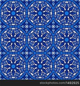 Gorgeous seamless decorative pattern from blue and white oriental tiles.. Seamless vector pattern mandala ornament. Vintage decorative tiled design