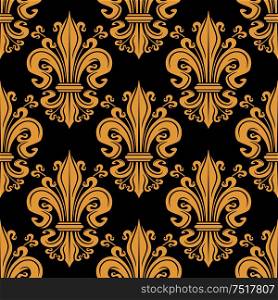Gorgeous seamless golden fleur-de-lis pattern over black background with decorative floral heraldic motif, adorned by curlicues. Great for luxury wallpaper or upholstery textile design. Golden seamless fleur-de-lis pattern over black