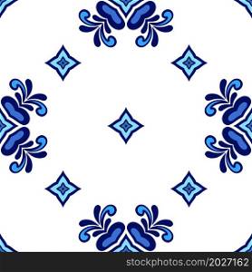 Gorgeous seamless mediterranean tile background vector seamless pattern. Geometric style blue and white azulejo tile ceramic design